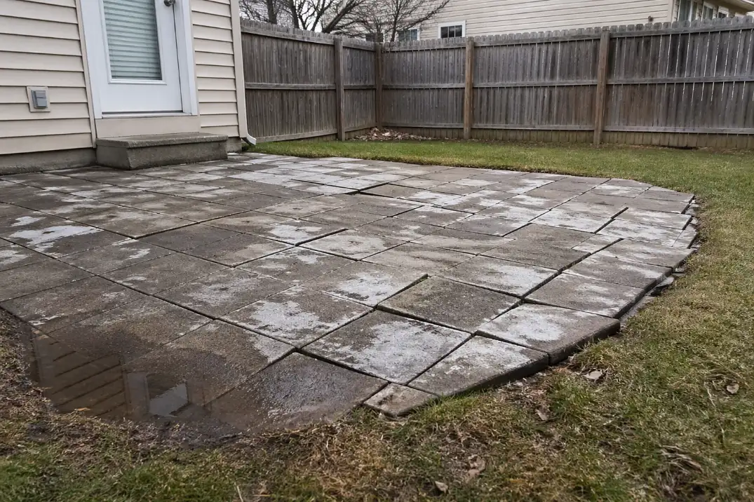 Cheap backyard concrete pavers with shifting joints, white stains, and dark damp patches on a small patio