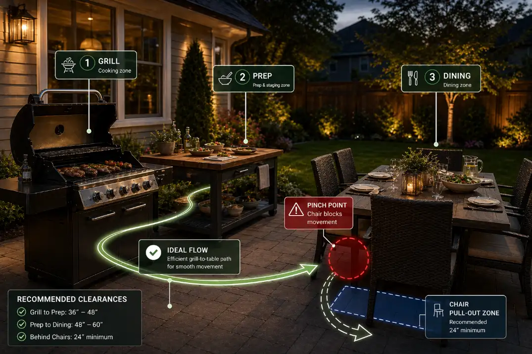 Patio layout with grill, prep table, and dining area showing a blocked chair path and improved grill prep dining route overlay