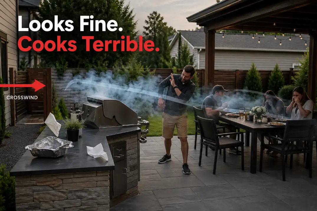 Backyard grill area where crosswind pushes smoke from the grill into the dining table