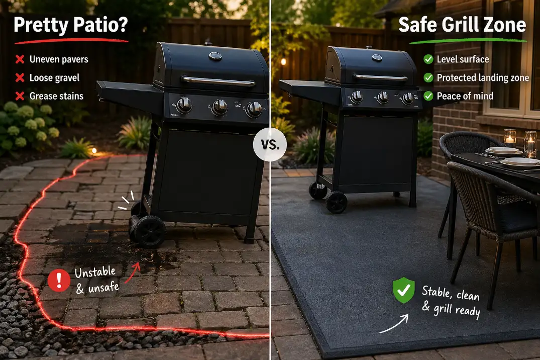 Backyard grill surface comparison showing stained uneven pavers and gravel beside a clean protected grill landing zone.