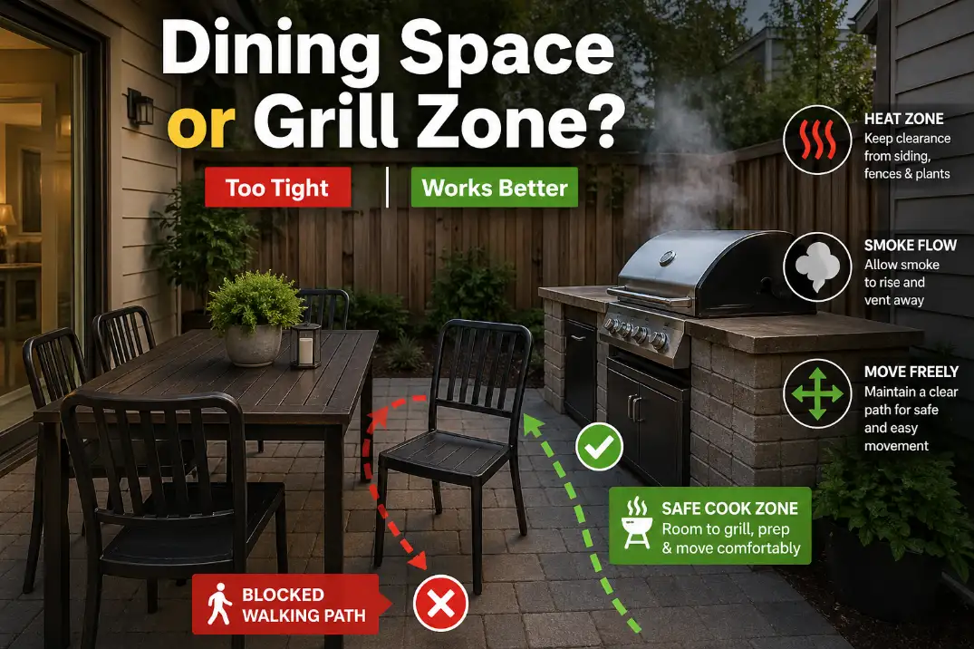 Small patio with dining table blocking grill space and overlay text highlighting layout conflict