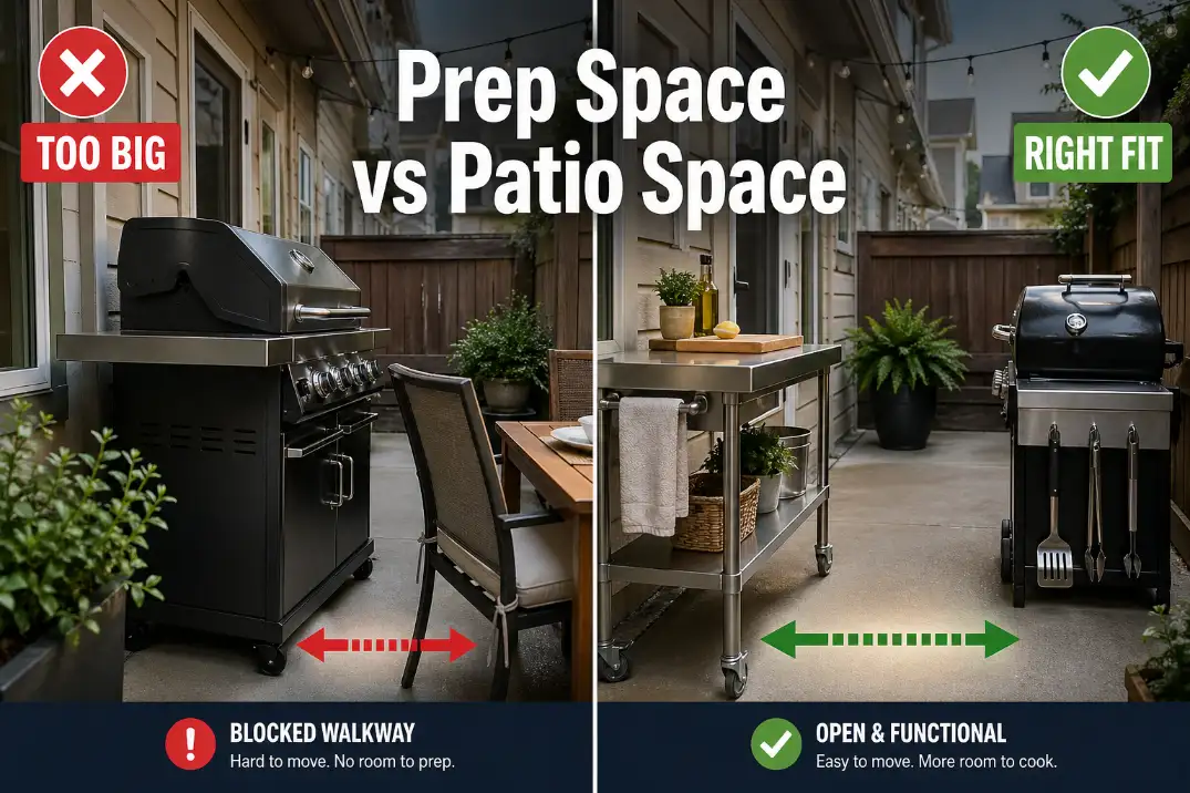 Split-screen comparison showing an oversized grill cart blocking a tight patio walkway and a compact prep table with rolling grill cart preserving usable space.