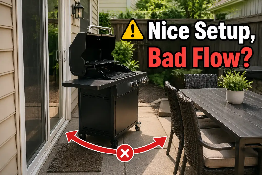 Small patio outdoor cooking layout with a grill blocking the walking path between the back door and dining table.