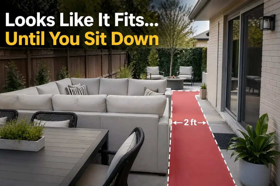 Oversized outdoor furniture crowding a 10x10 patio with blocked walkway and chair clearance marked.