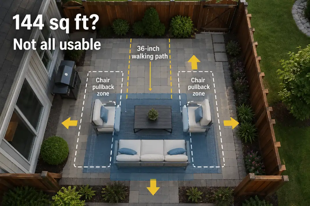 12x12 patio furniture layout showing total square footage, usable walking paths, and chair pullback clearance zones.
