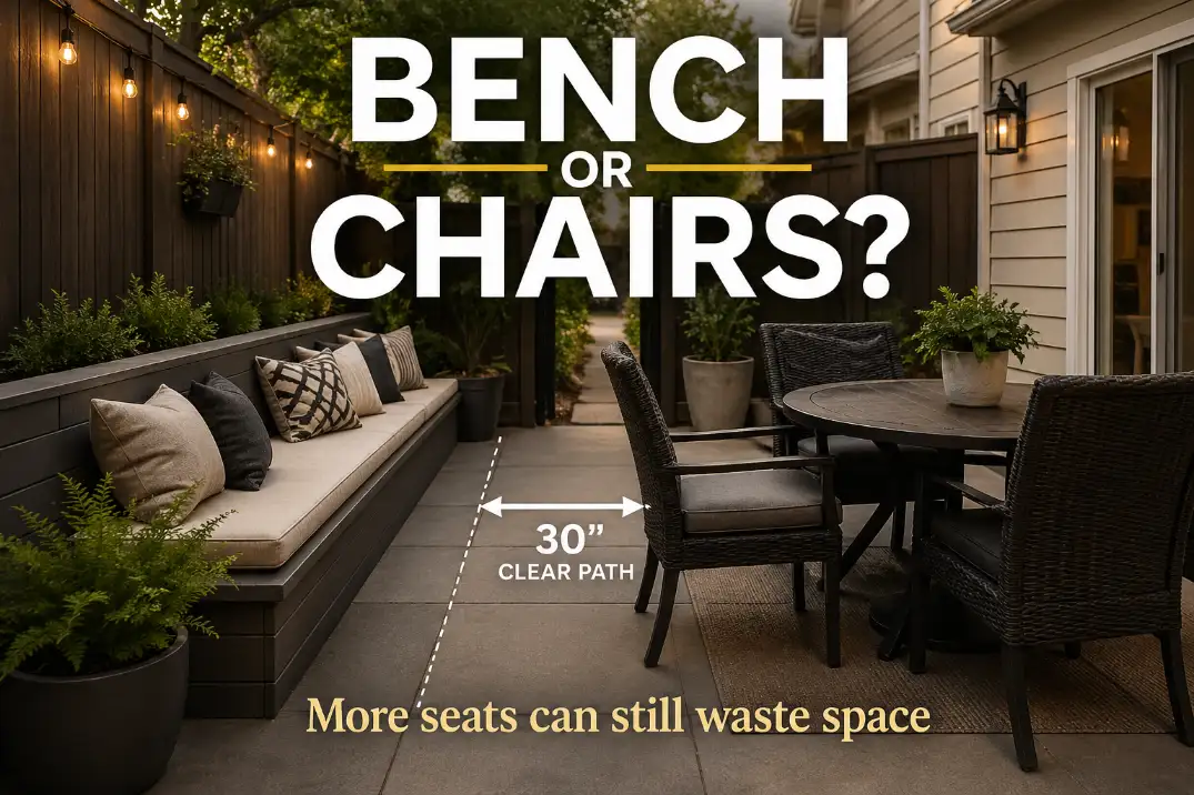 Small patio comparing bench seating and patio chairs with overlay text showing seating capacity versus usable walkway space.