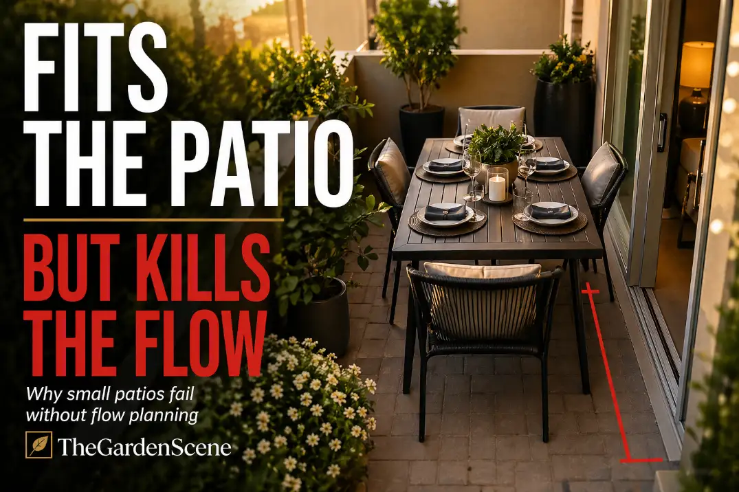 Small patio with a four-seat outdoor table blocking chair clearance and the main walking path.