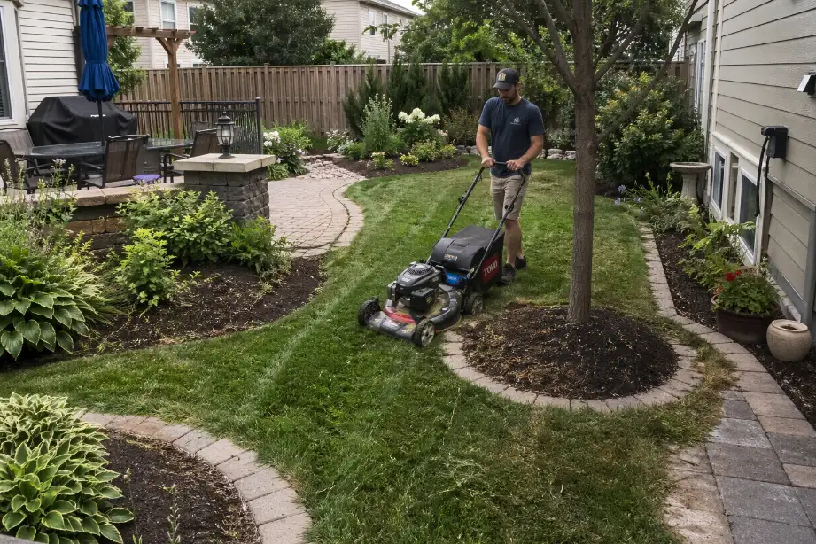 Backyard lawn with curved beds, tree rings, and narrow grass strips that make mowing and trimming harder