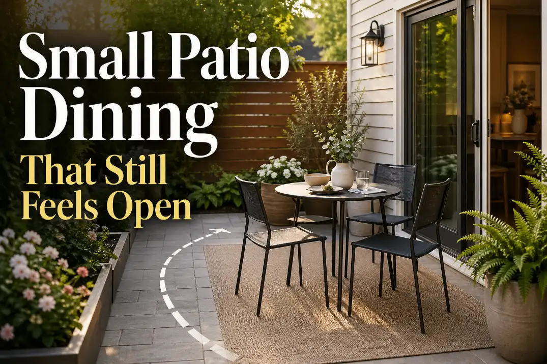 Premium cover image comparing a cramped patio dining setup with a compact round dining set that leaves a clear walking path.