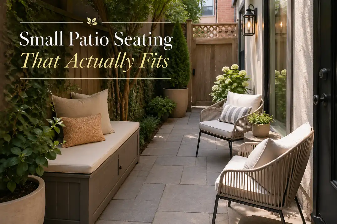 Small patio with space-saving outdoor bench, storage bench, and movable patio chairs arranged to keep the layout open.
