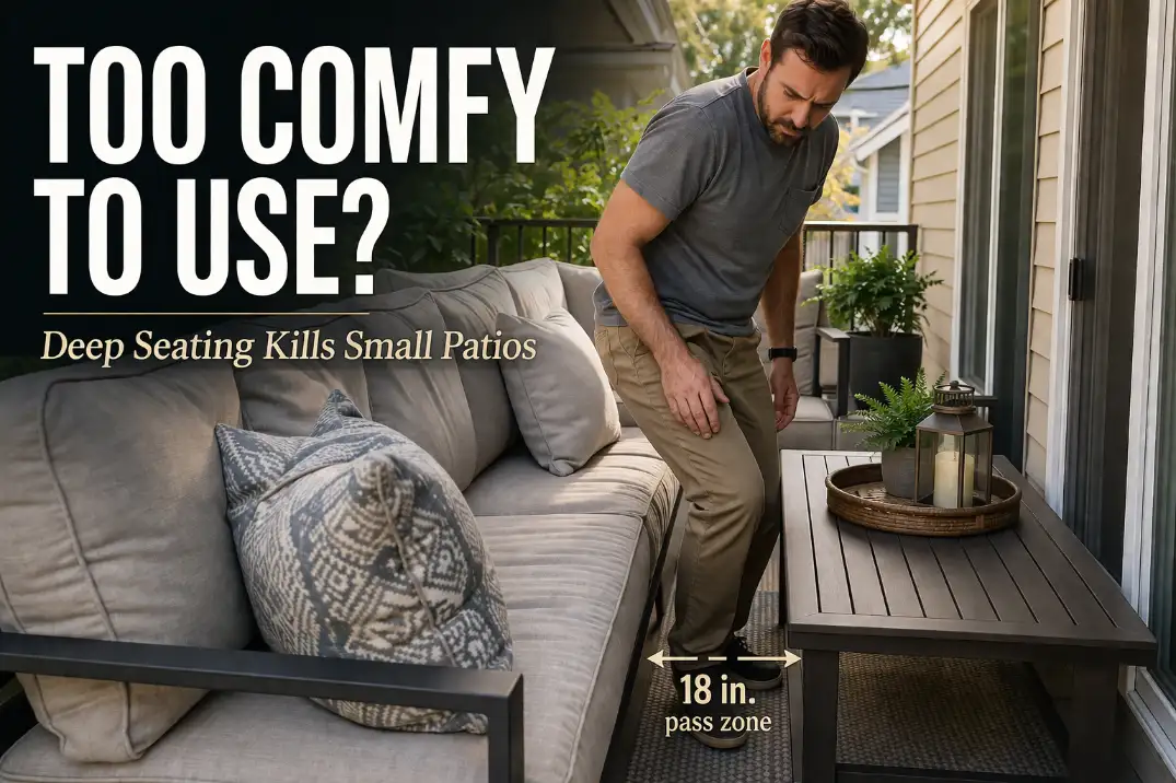 Deep seating sofa overcrowding a small patio with only 18 inch walking space and blocked movement.