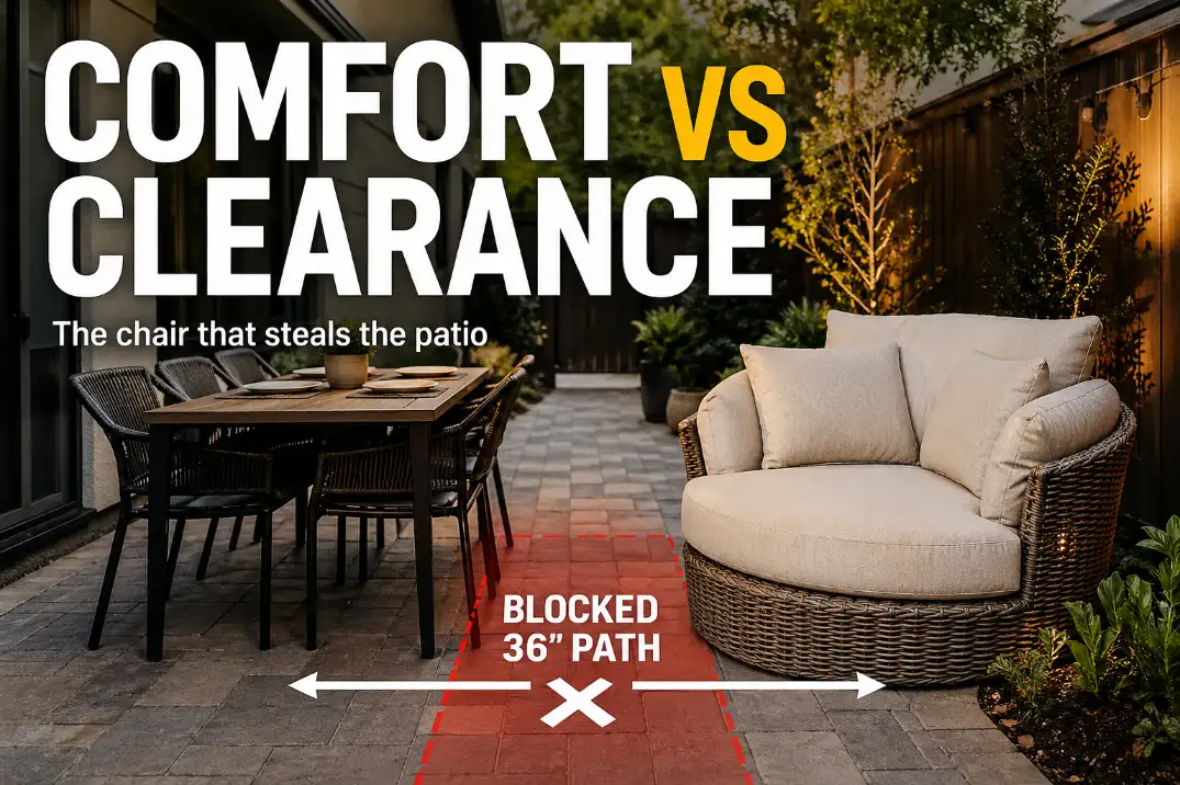 Compact patio seating layout showing an oversized lounge chair blocking dining chair clearance and walkway space.