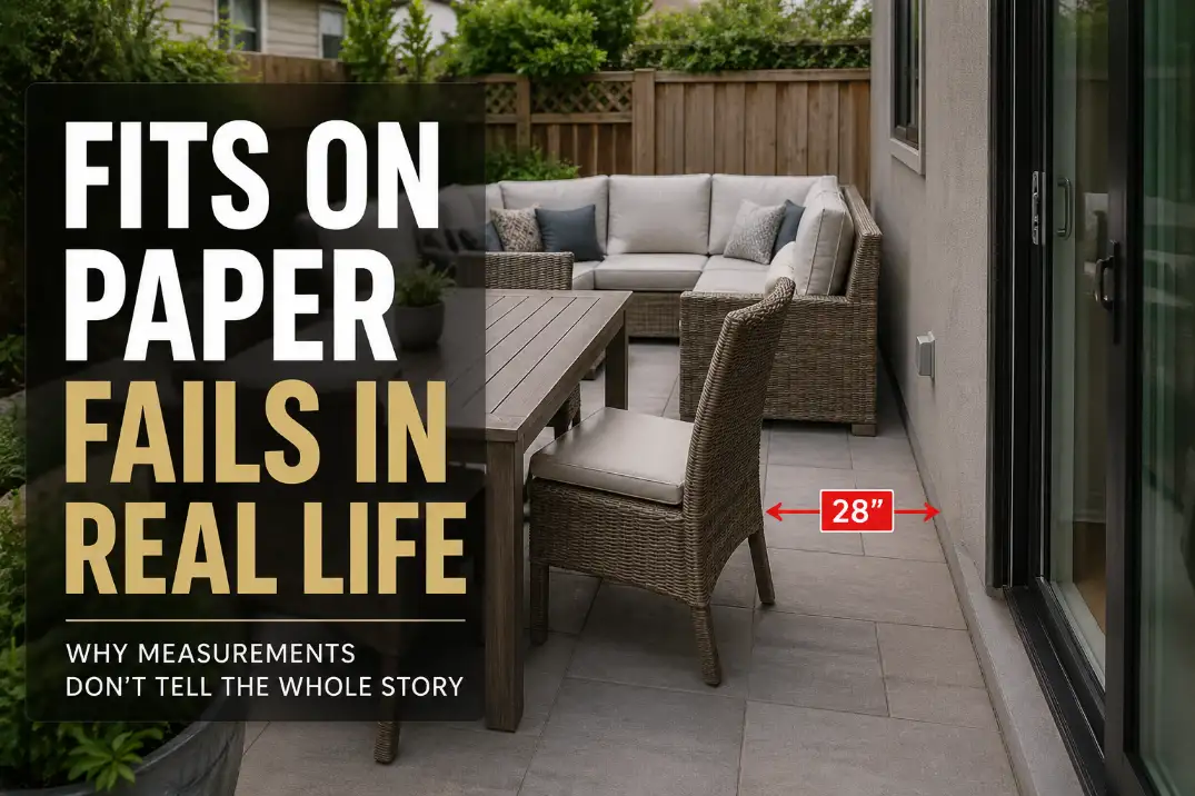 Small backyard patio where oversized furniture fits on paper but blocks real walking space.