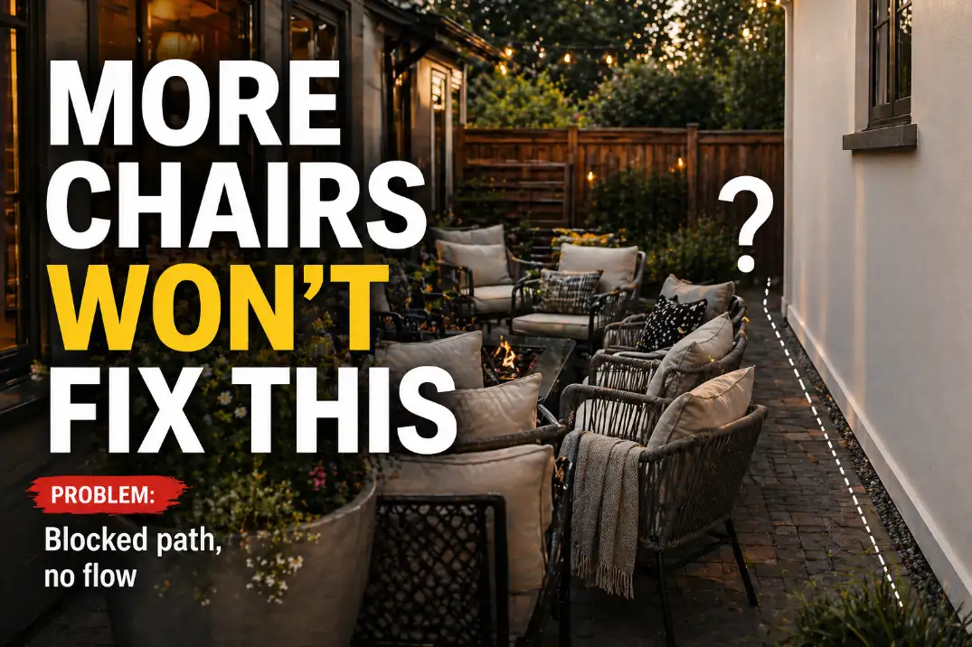 Small patio with loose chairs blocking circulation and an unused wall edge marked as a built-in seating opportunity.