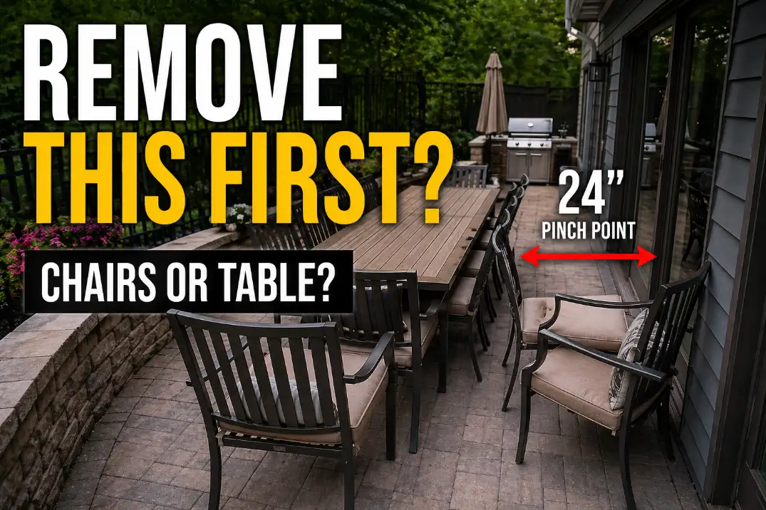 Cramped patio with oversized dining table and pulled-out chairs blocking a narrow 24-inch walkway