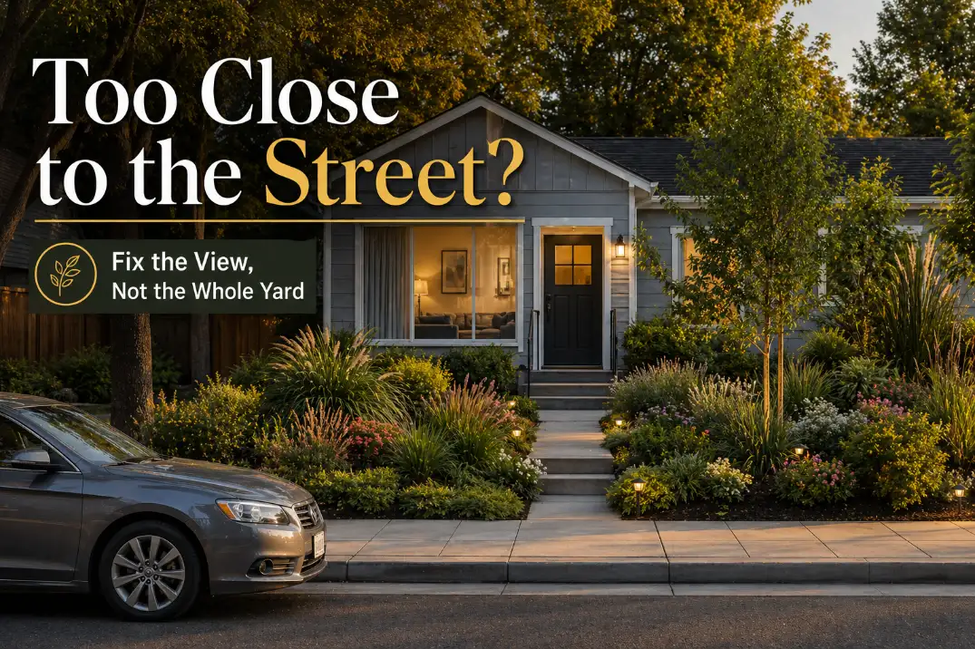 Front yard screening layout showing contrast between exposed window view and blocked sightline using layered plants near a street.