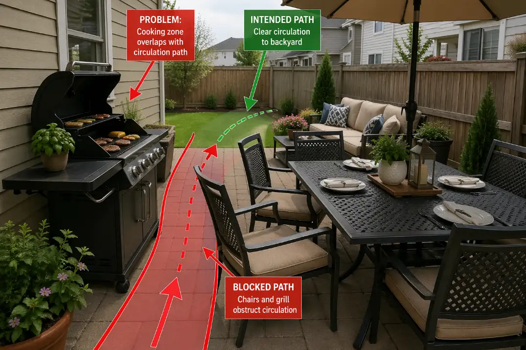 Small backyard patio with grill, dining table, and seating crowding the same area, with overlay showing blocked circulation.
