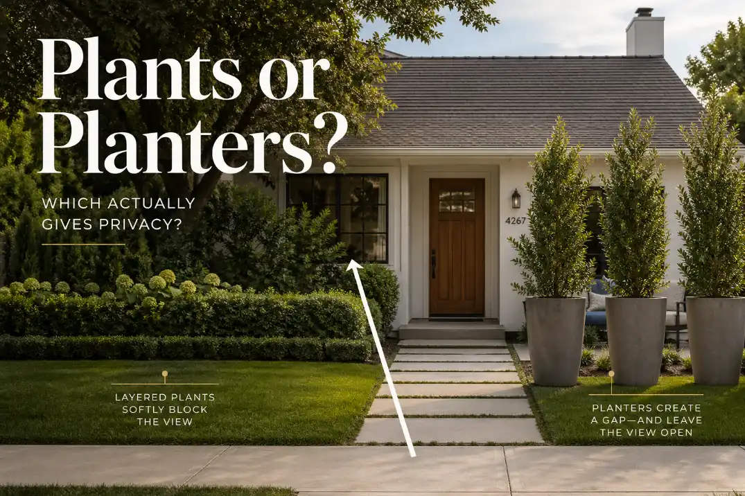 Front yard privacy comparison showing layered shrubs and tall planters with a visible sightline gap to the front window