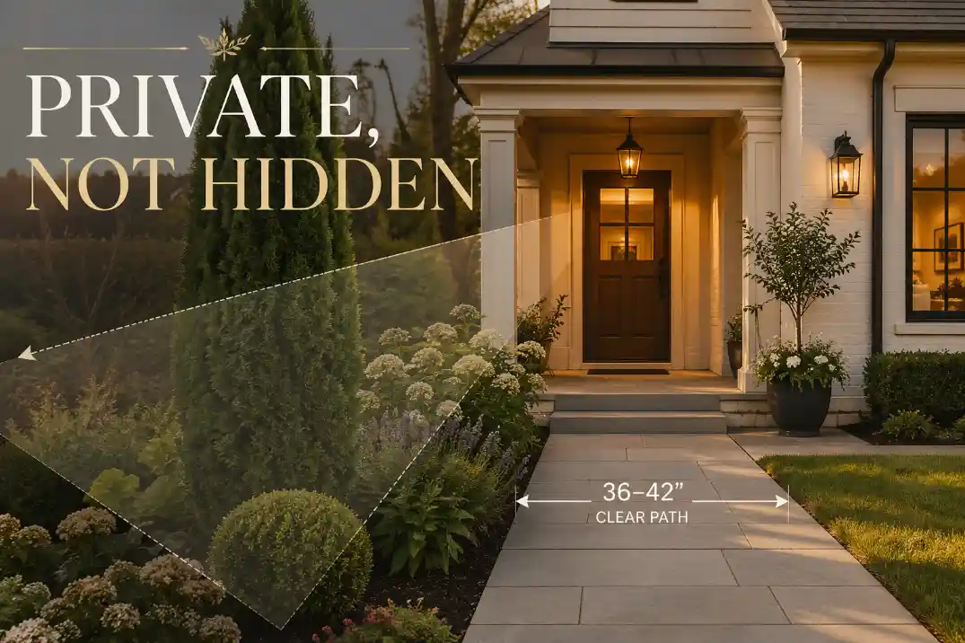 Front entry exposed to the sidewalk with an offset privacy screen that keeps the door visible and welcoming.