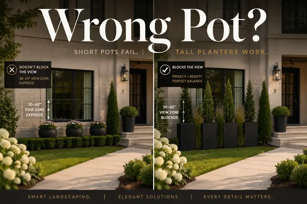 Comparison of short decorative pots failing to screen a front window beside tall privacy planters that block the sidewalk view without closing the entry.