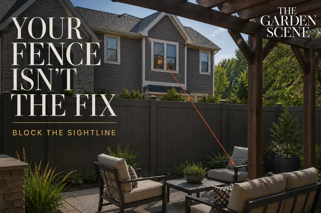 Backyard patio exposed to a second-story window because a 6-foot fence does not block the upper sightline.