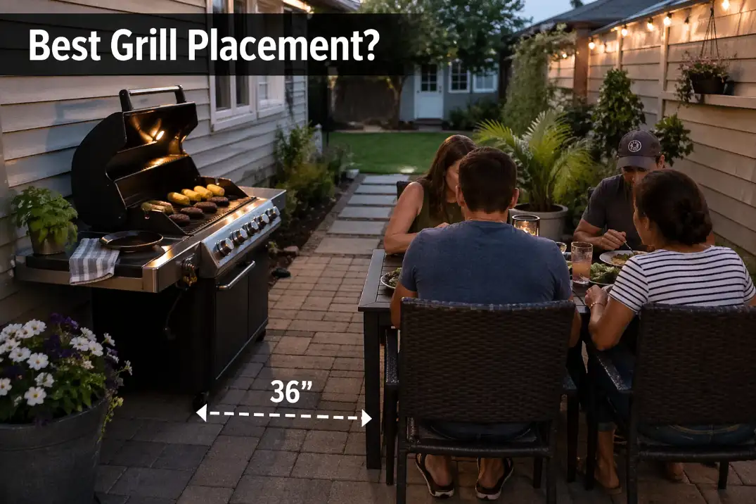 Small patio grill placed along the outer edge with dining chairs pulled out and a clear cooking zone