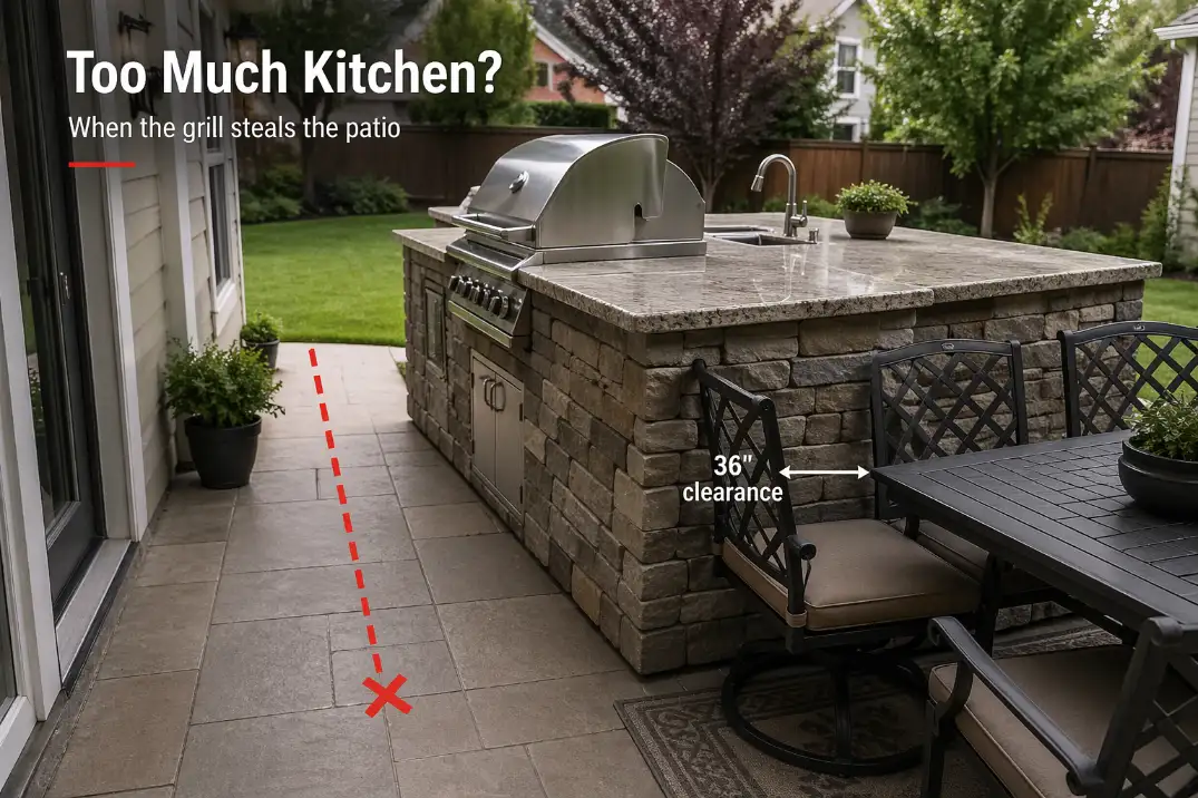 Oversized outdoor kitchen island blocking a patio walkway and crowding the dining area with text overlay asking Too Much Kitchen.