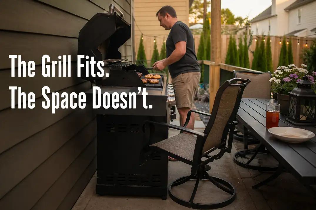 Cramped backyard grill area showing a grill that fits physically but blocks cooking space, chair clearance, and the walking path.