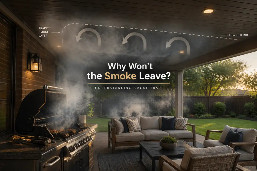 Grill smoke trapped under a covered patio roof and drifting toward seating instead of escaping outdoors.