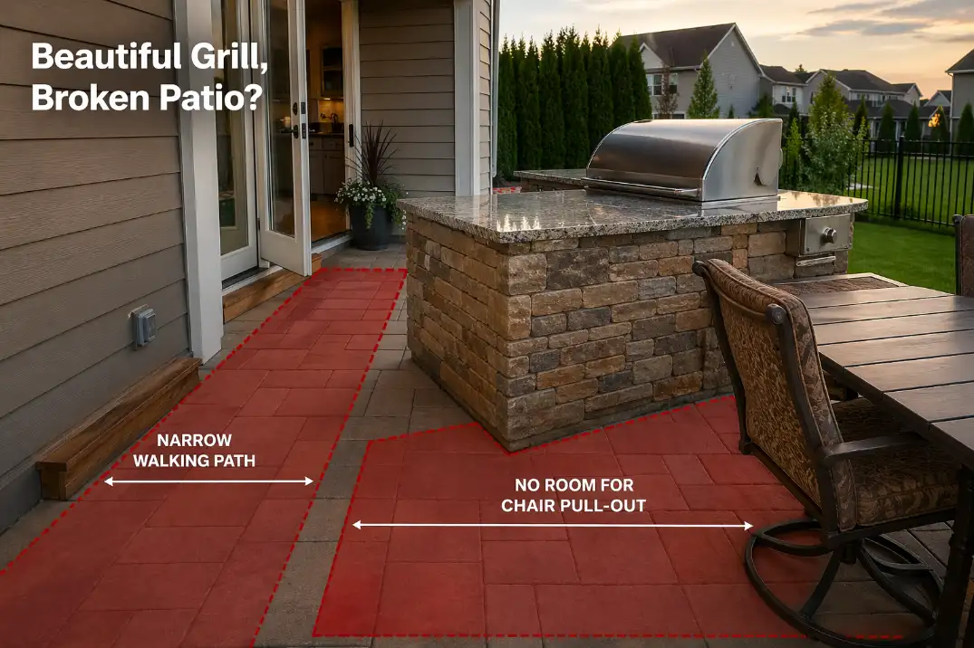 Oversized built-in grill island blocking chair pull-out space, the patio door, and the main walking path on a small patio.
