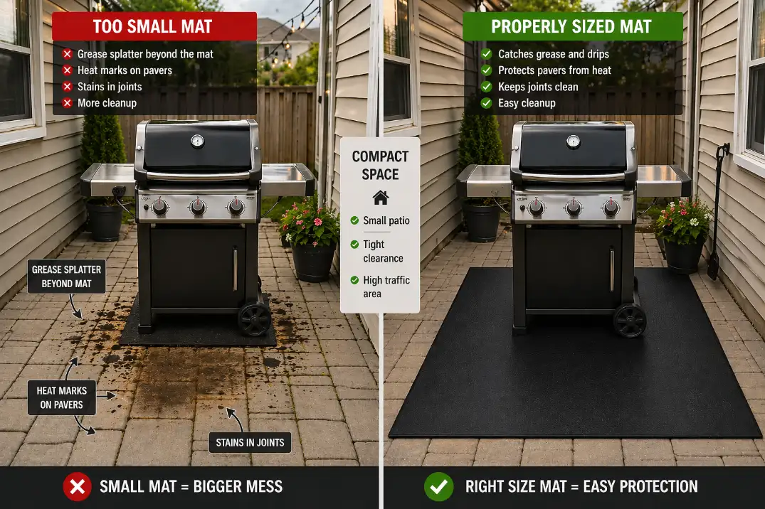 Properly sized fire-resistant grill mat protecting a small patio from grease splatter, heat marks, and grill wheel damage.