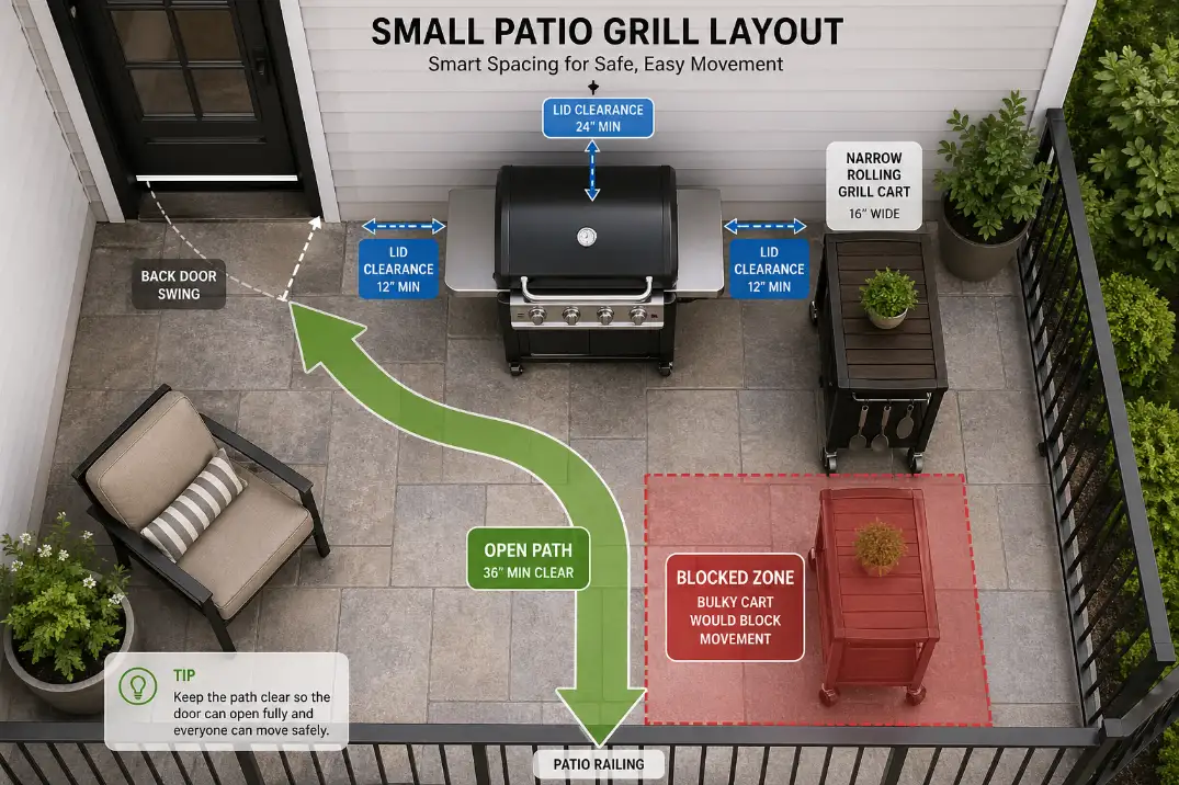 Top-down patio diagram showing a compact grill cart preserving walking clearance, grill lid space, and door swing on a small patio.