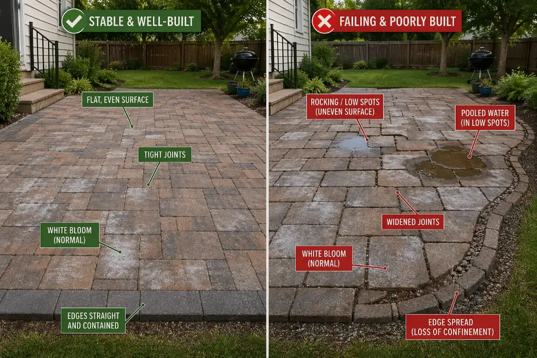 Comparison of stained backyard pavers that are still stable versus stained pavers that are also shifting and opening at the joints