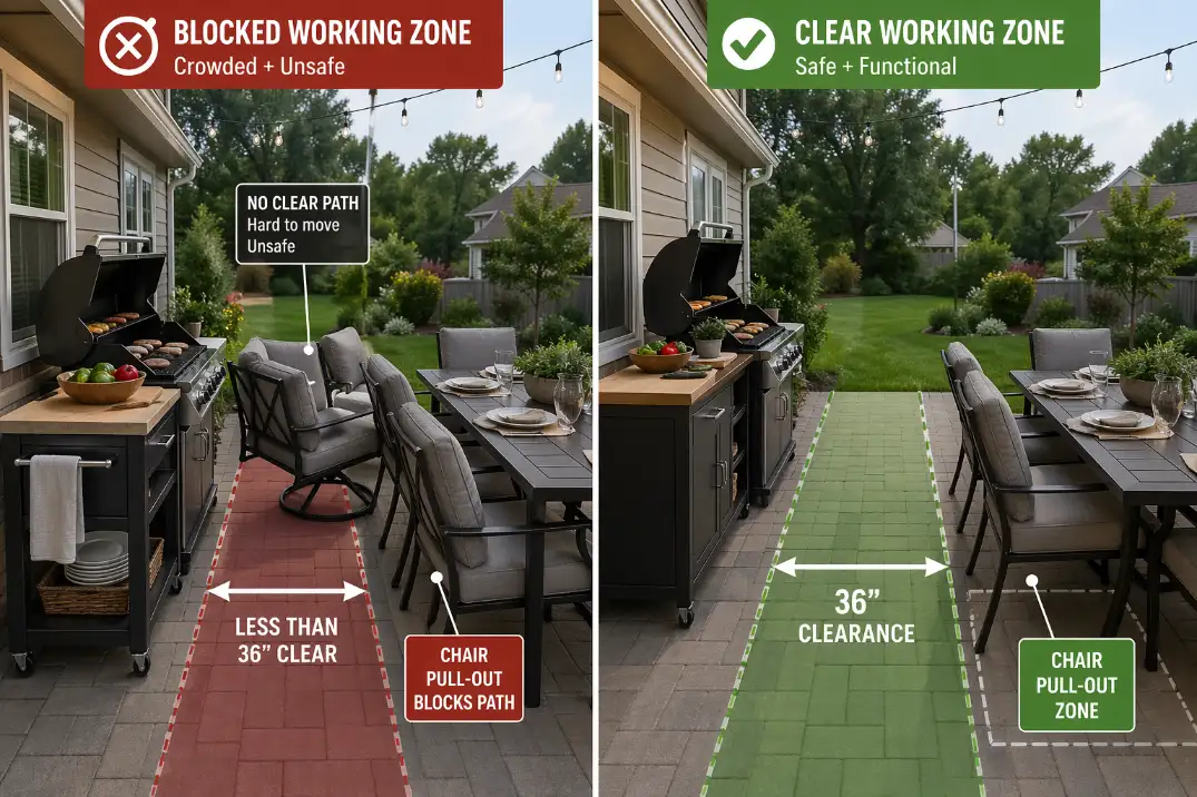 Comparison of cramped and functional patio layouts for grill prep space and dining with clear walking path