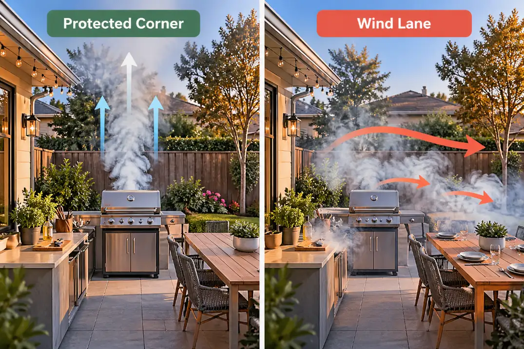 Comparison showing grill smoke rising in a protected corner versus blowing sideways through a wind lane
