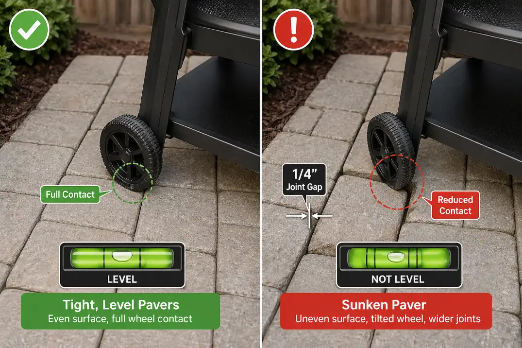 Comparison of stable pavers and sunken pavers under a backyard grill wheel with warning overlay.