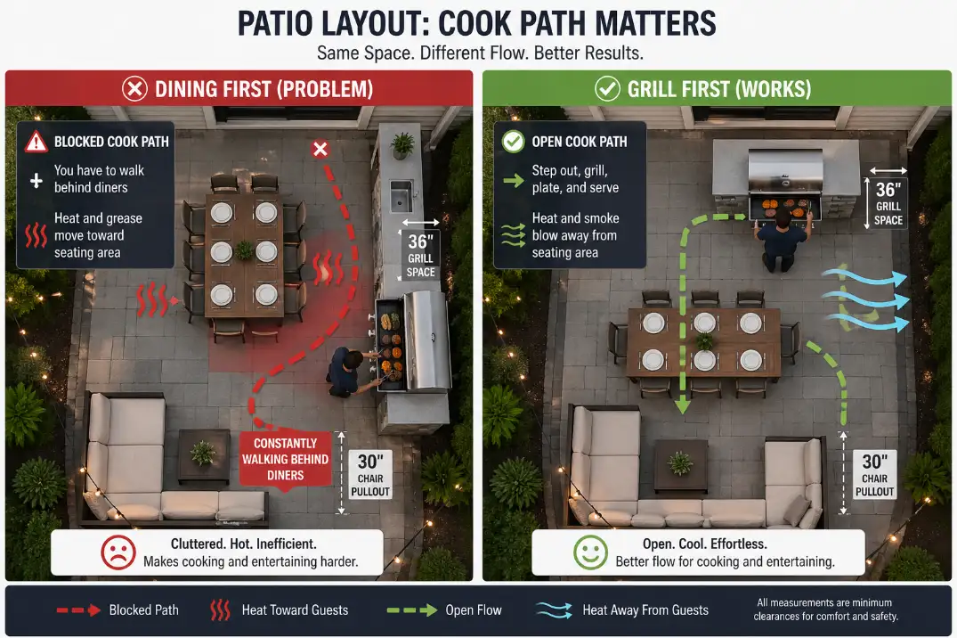 Comparison of small patio layouts showing dining-first blocking the grill versus grill-first layout with clear space