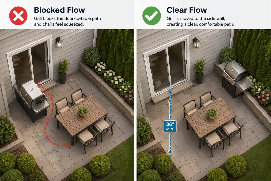 Comparison of blocked and clear outdoor cooking patio layouts with a 36-inch walking lane.