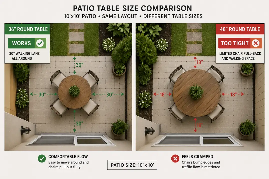 Comparison of 36-inch and 48-inch dining tables on a 10x10 patio showing chair clearance and walking space.