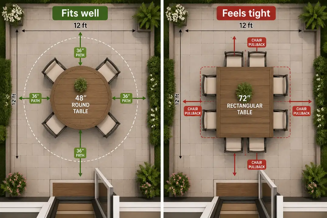 Comparison of a 48-inch four-person table and a 72-inch six-person table on a 12x12 patio with clearance zones marked.