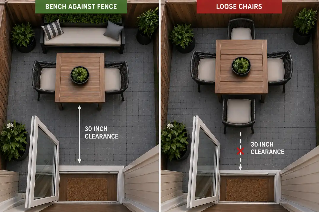 Overhead comparison of bench seating and patio chairs on a small patio showing how chair pullback affects walkway clearance.