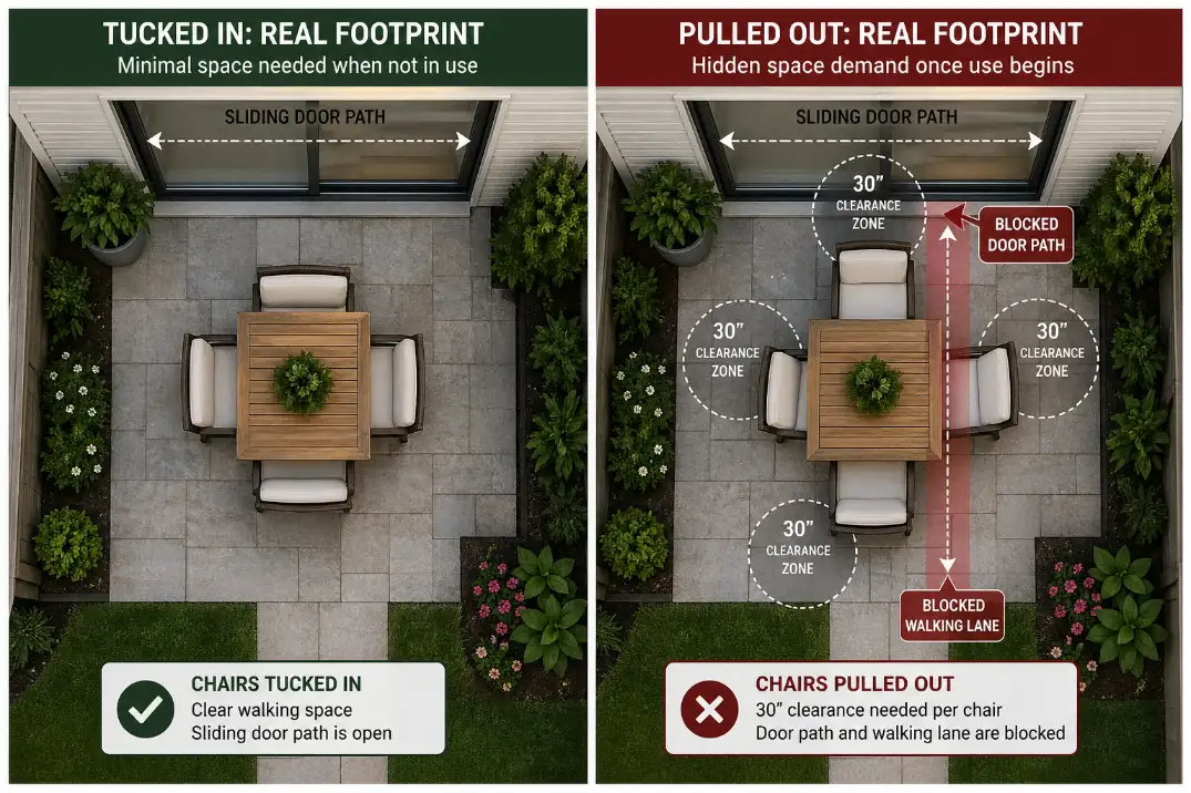 Overhead comparison showing tucked-in patio table versus pulled-out chairs blocking walking space.