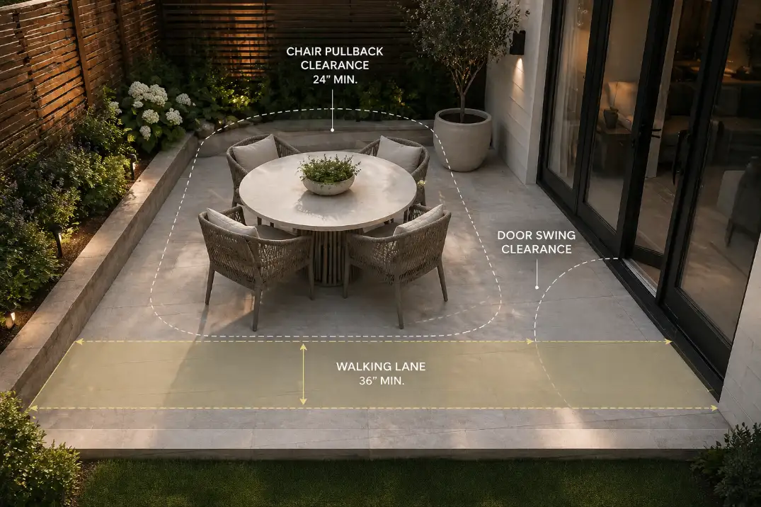 Small patio with overlay showing chair pullback space, walking lane, and door swing around a compact dining set.