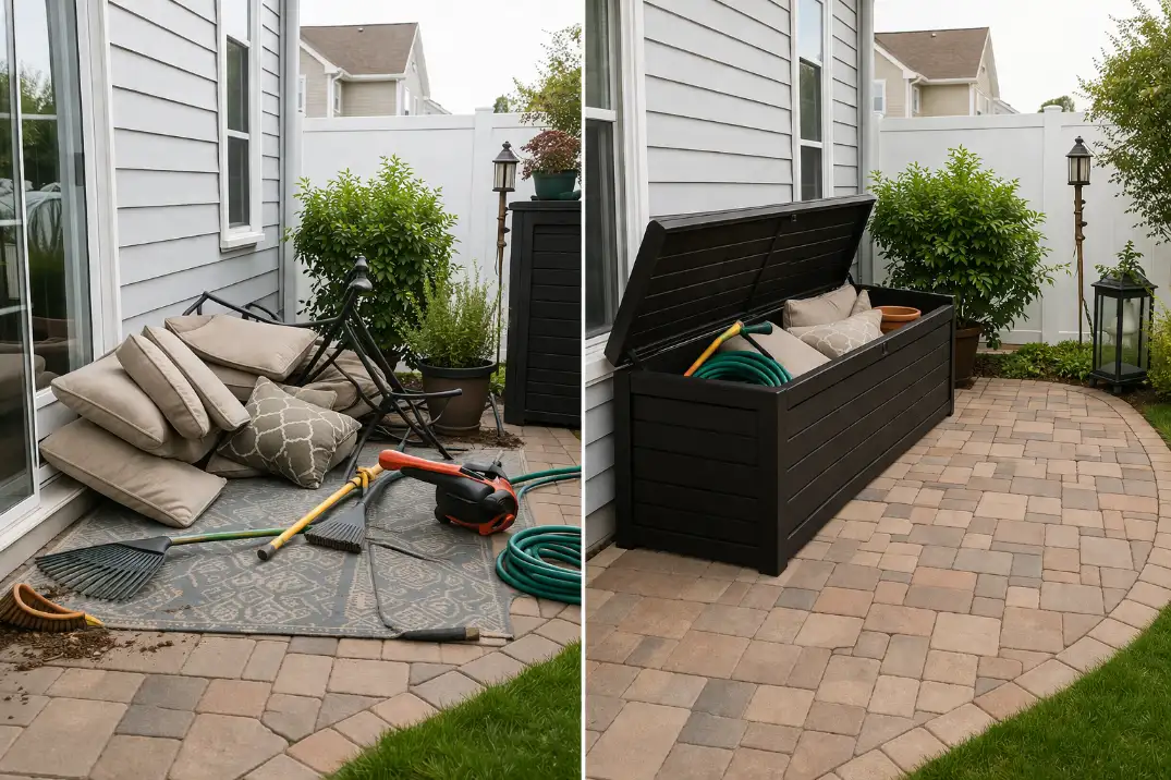 Outdoor storage bench organizing cushions and tools on a small patio while keeping the space clear.