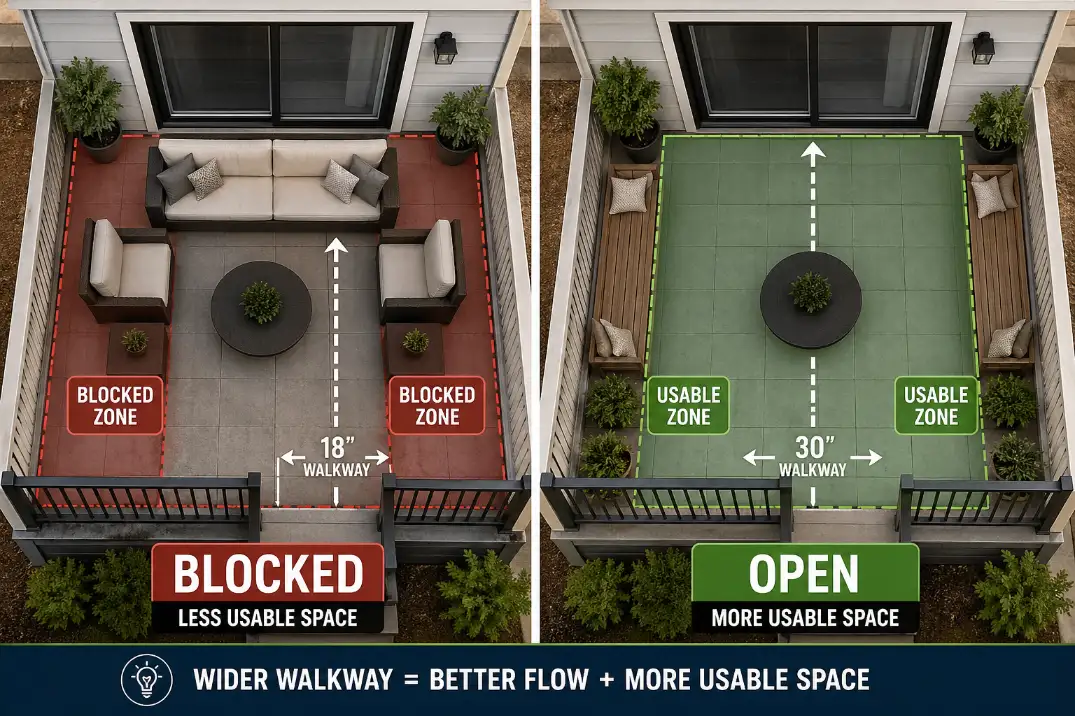 Comparison of deep seating blocking patio space versus compact seating leaving open usable area.