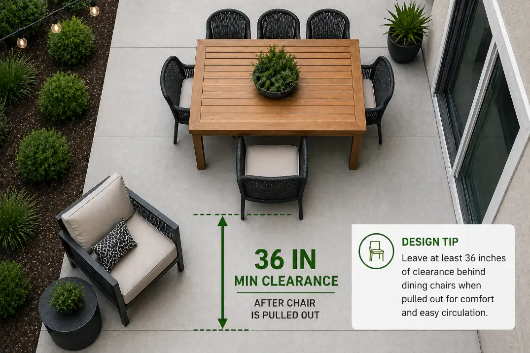 Comparison of patio seating layouts showing a dining chair blocking the walkway versus a clear 36-inch walking path.