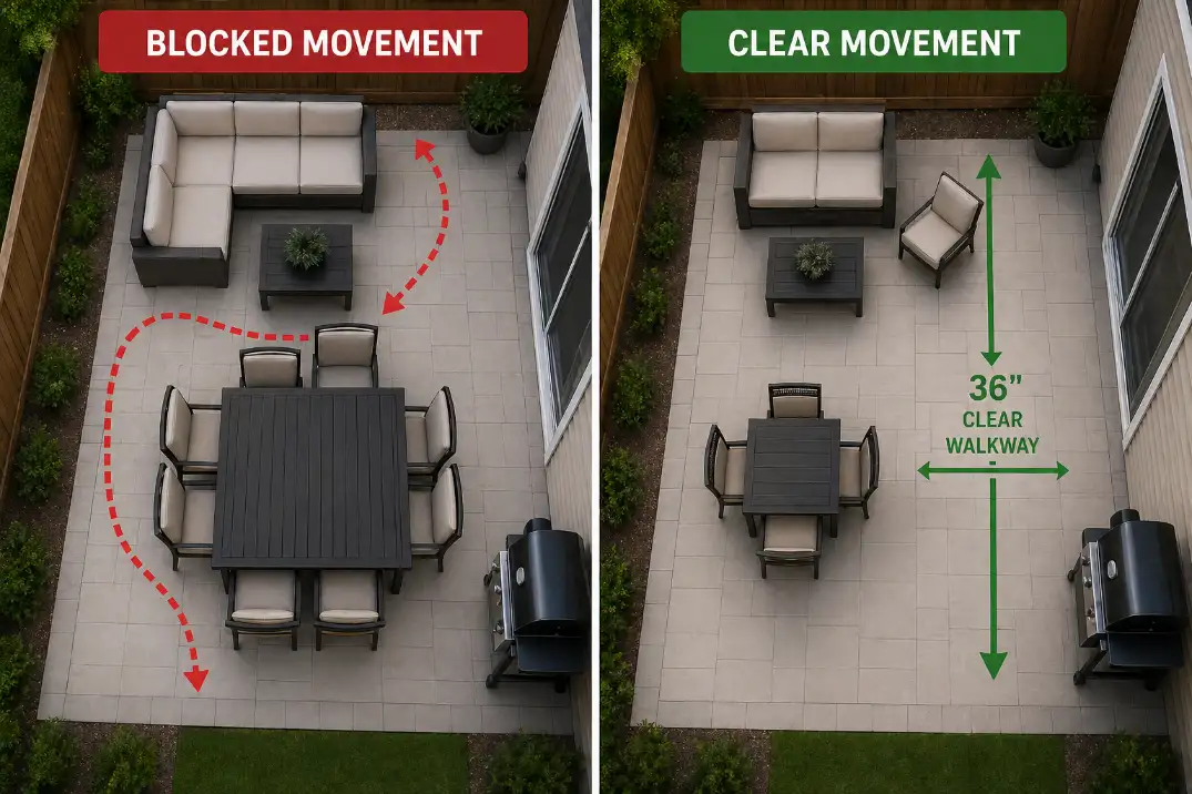 Comparison of cramped and usable small backyard patio layouts showing blocked versus clear walking paths.