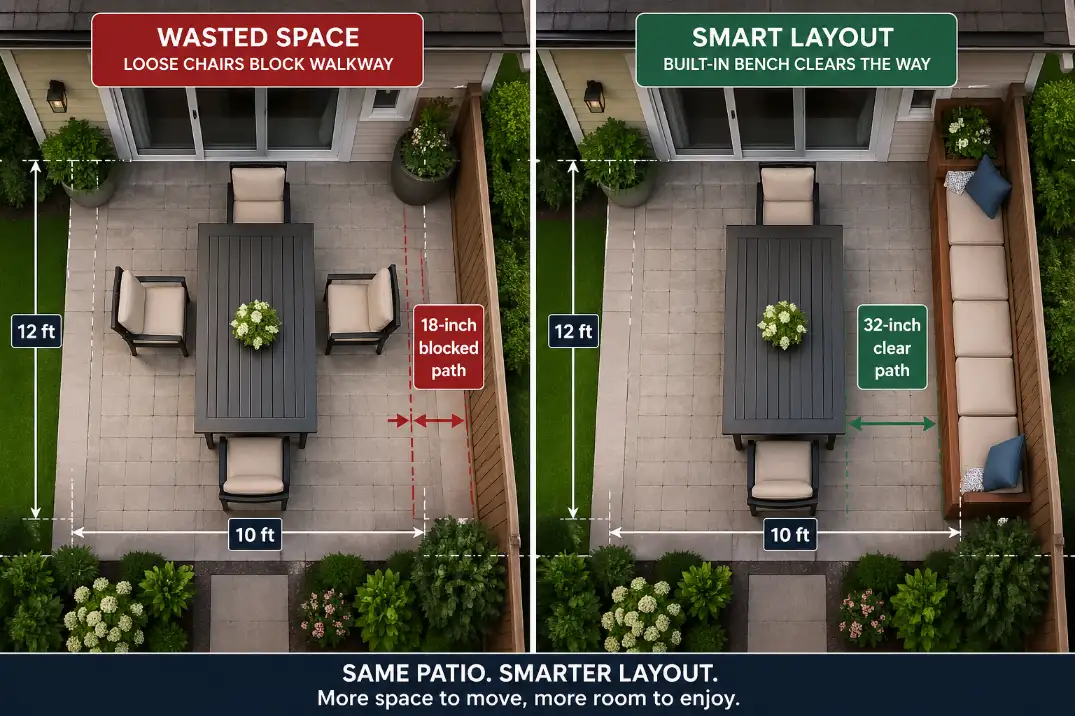 Overhead comparison of loose patio chairs blocking a path versus built-in seating creating clearer circulation.