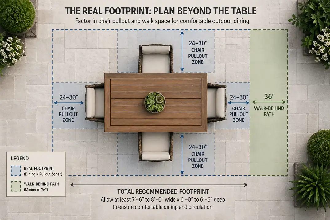Top-down patio dining diagram showing table size, chair pullout clearance, and a 36 inch walking path.