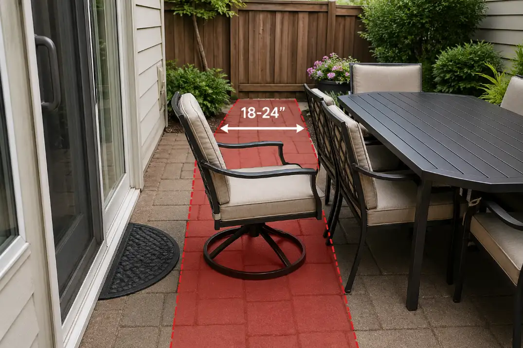 Patio dining chair pulled back into the walkway showing how chair clearance makes the space feel cramped